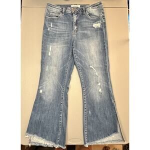 Distressed Mid-Rise Flare Boho Festival Split Ankle Raw Hem Cropped Jeans Sz 30